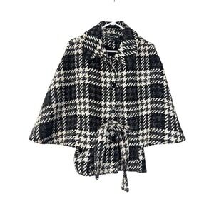 Regent Park Black White Houndstooth Wool Blend Cape Coat Capelet Belted Large